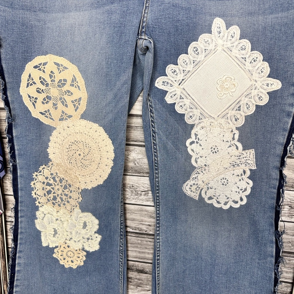 UpCycled Handmade Reworked Vintage Crochet Denim Jeans, Stretch denim, raw edges - Picture 3 of 4